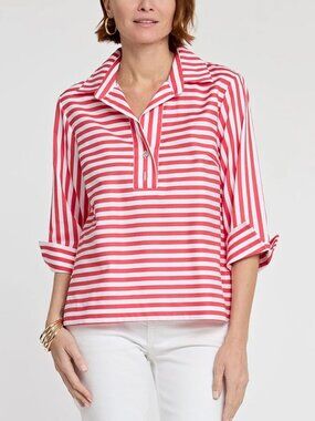 Hinson Wu Aileen Red White Striped Cotton Button Back Blouse Size 12